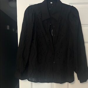 SHEIN Black Eyelet Button-Down Blouse